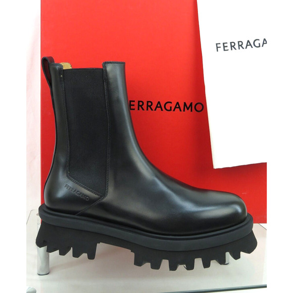 NIB FERRAGAMO FLASH BLACK LEATHER LOGO PLATFORM PULL CHELSEA ANKLE BOOTS 13 M - Picture 14 of 14